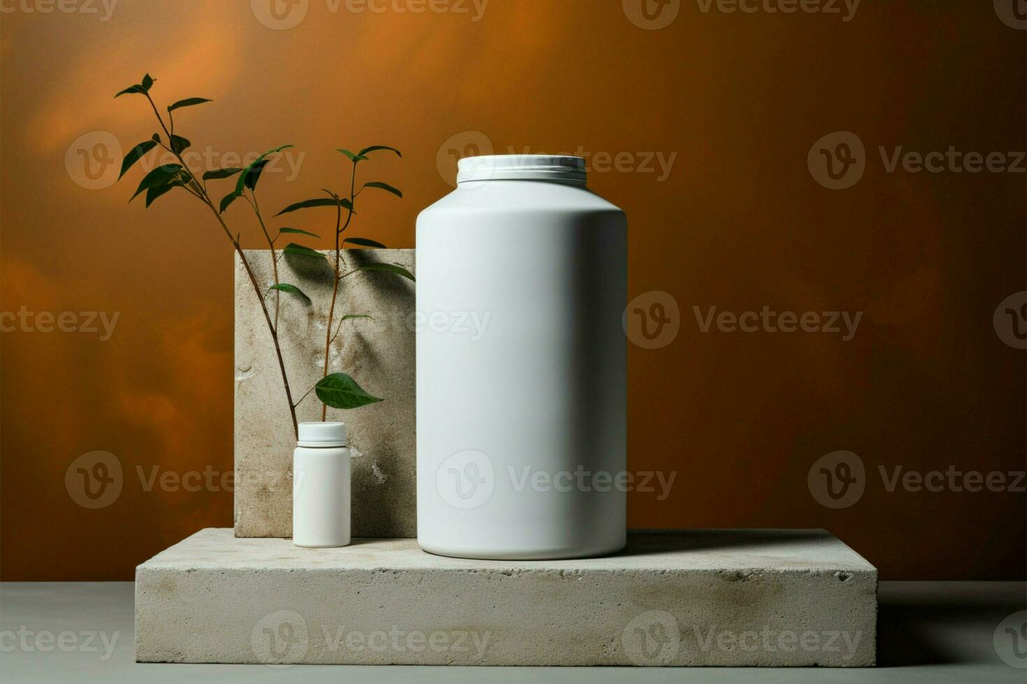 Concrete base supports a pristine white bottle, urban minimalism AI Generated photo