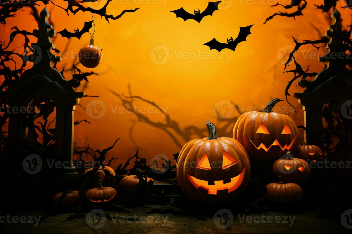 Halloween backdrop featuring a 3D rendered product podium for showcasing items AI Generated photo