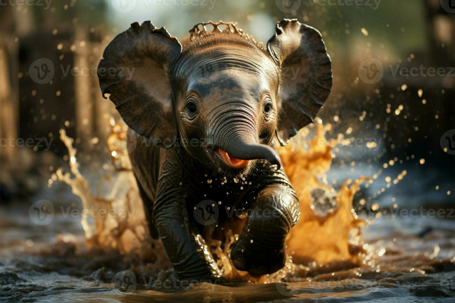 Baby elephant gleefully splashes within puddle, its innocence a heartwarming spectacle AI Generated photo