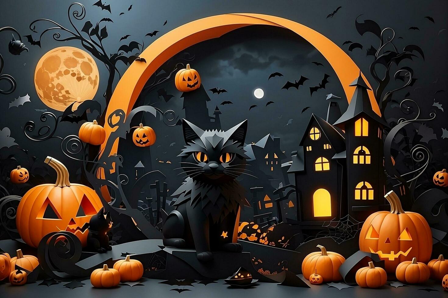 Spectral Splendor, A Spooktacular Halloween Artistry - Pumpkin, Ghost, Moon, Black Cat, and Candy Abstract Extravaganza. AI Generated photo