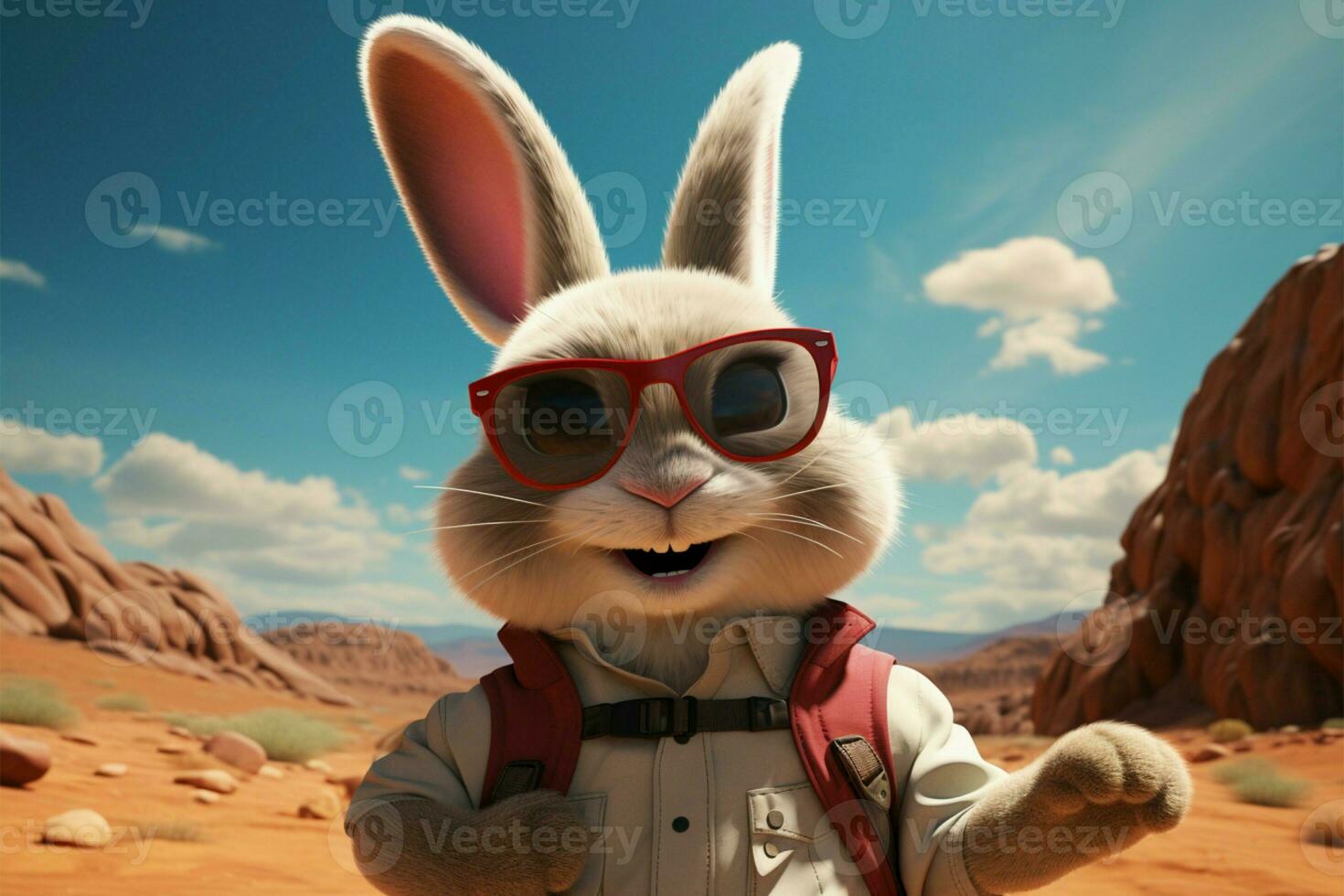 Bunny with shades embarks on an animated desert adventure quest AI Generated photo