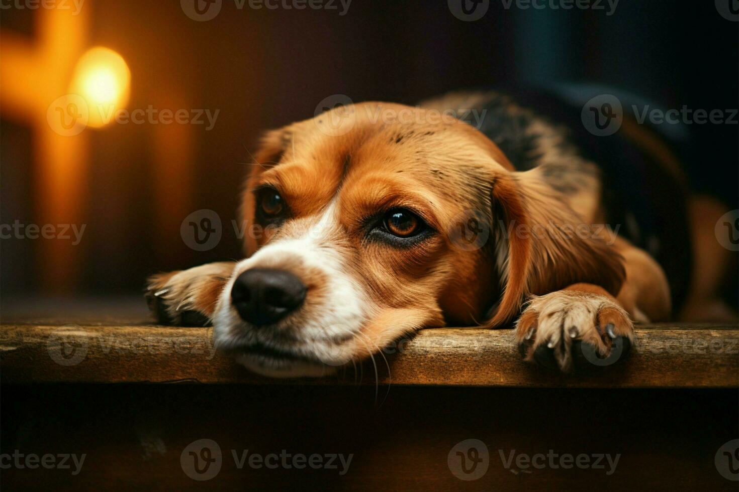 beagle veterano relaja, cabeza anidado en patas, en oferta ambiente ai generado foto