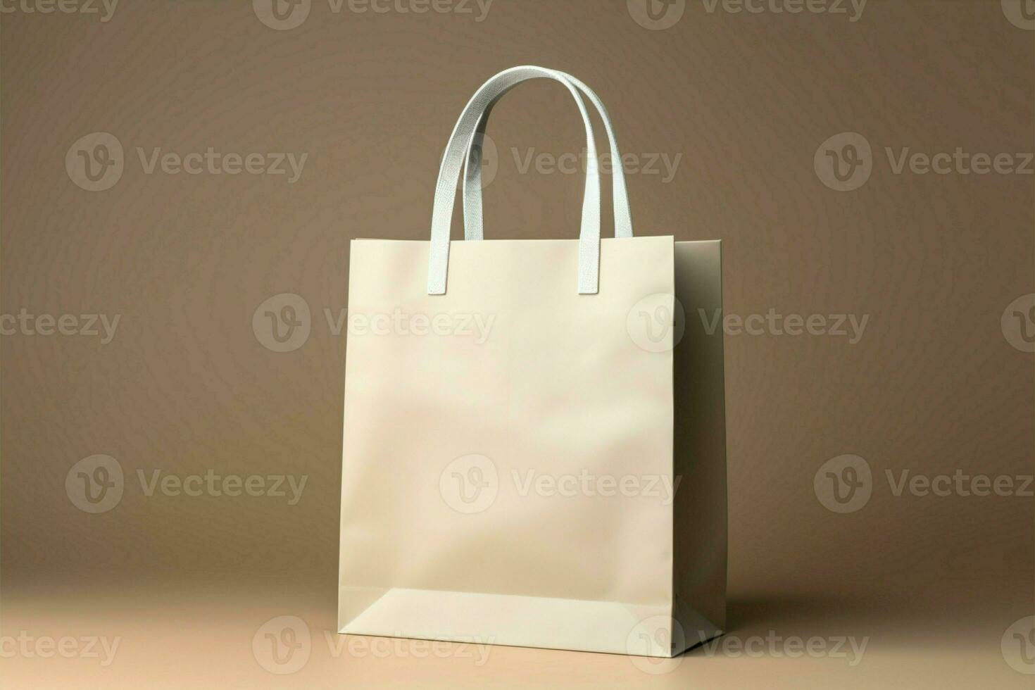 Neutral canvas white paper bag with handle on beige background AI Generated photo