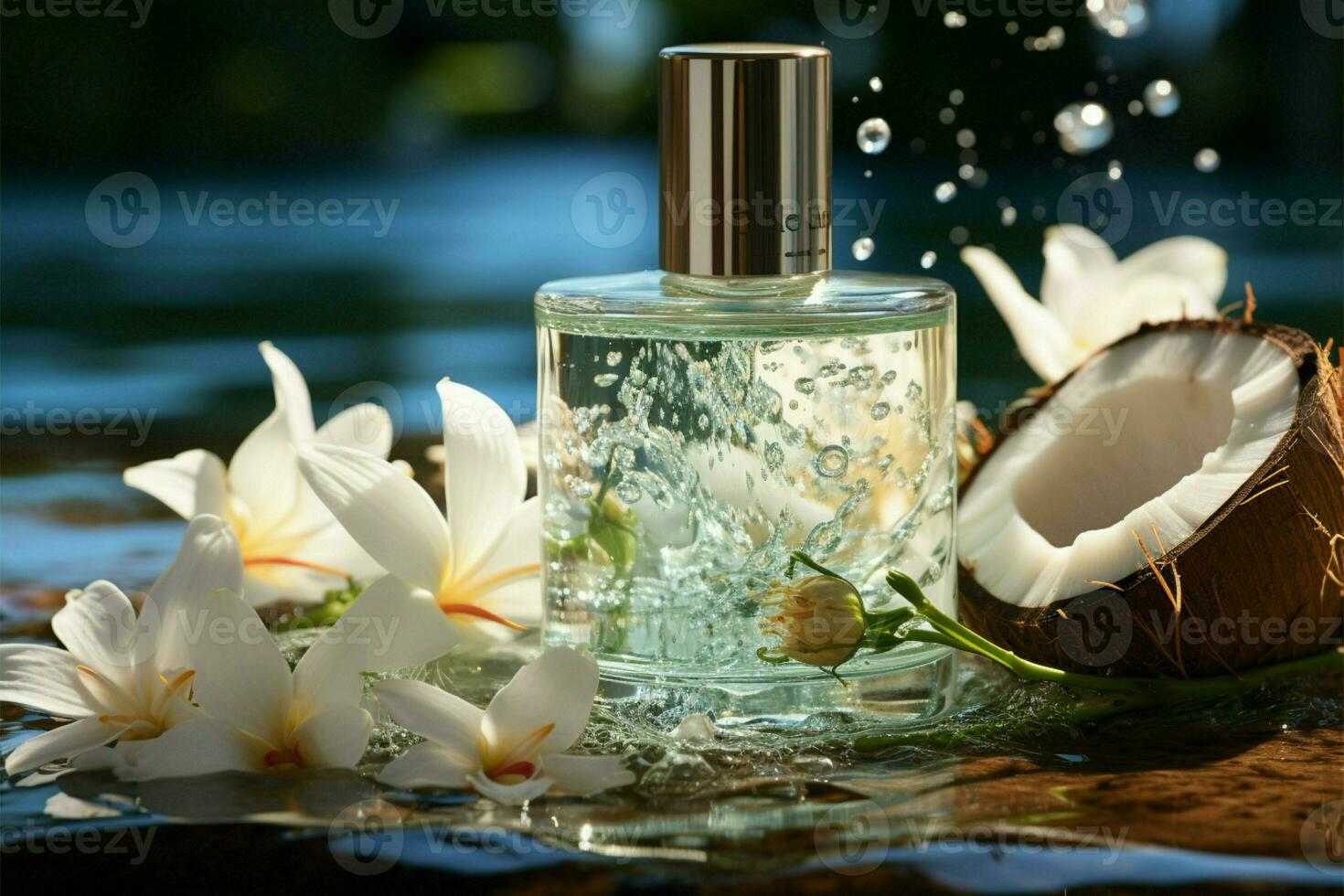 Coconut allure, round mockup showcases beauty product amid tropical coconuts, water splash AI Generated photo
