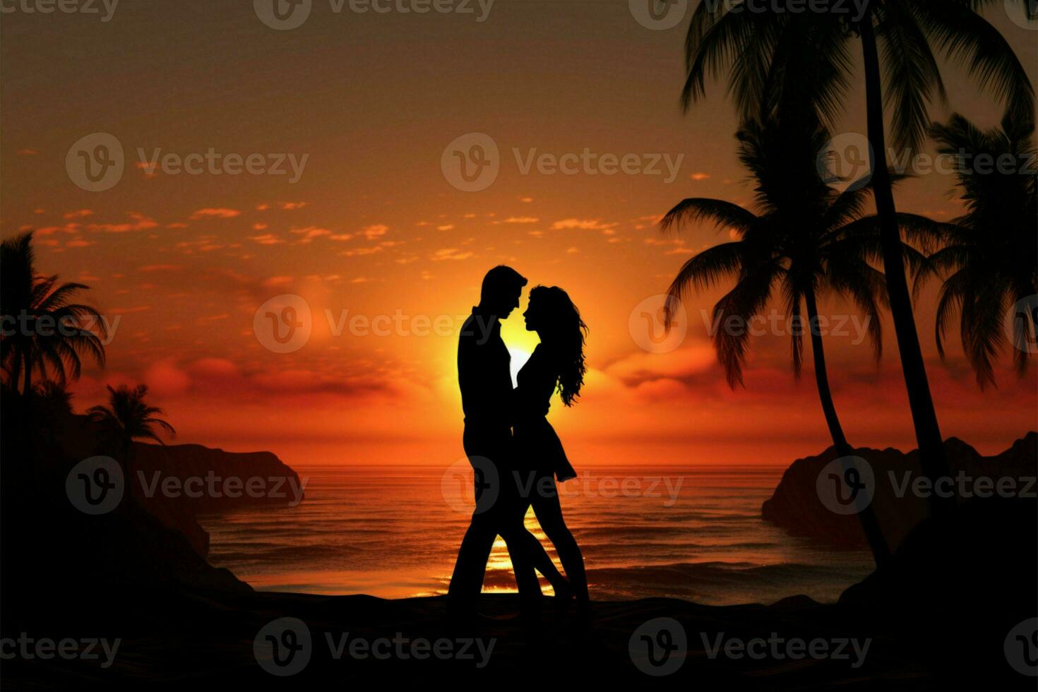 Silhouetted palms accentuate couples sunset romance, natures tableau of love AI Generated photo