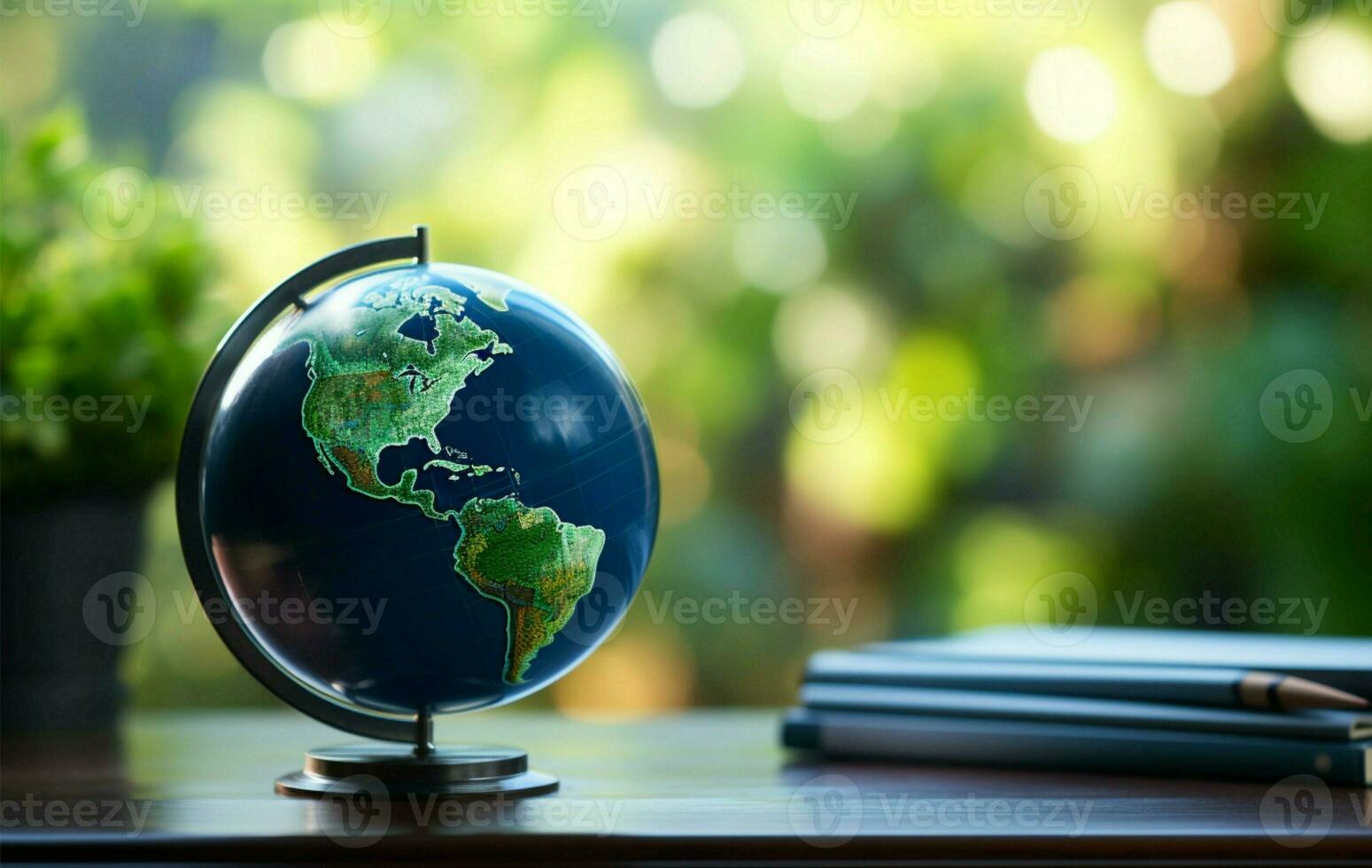 Earths reminder. Small blue globe embodies global consciousness on desk AI Generated photo