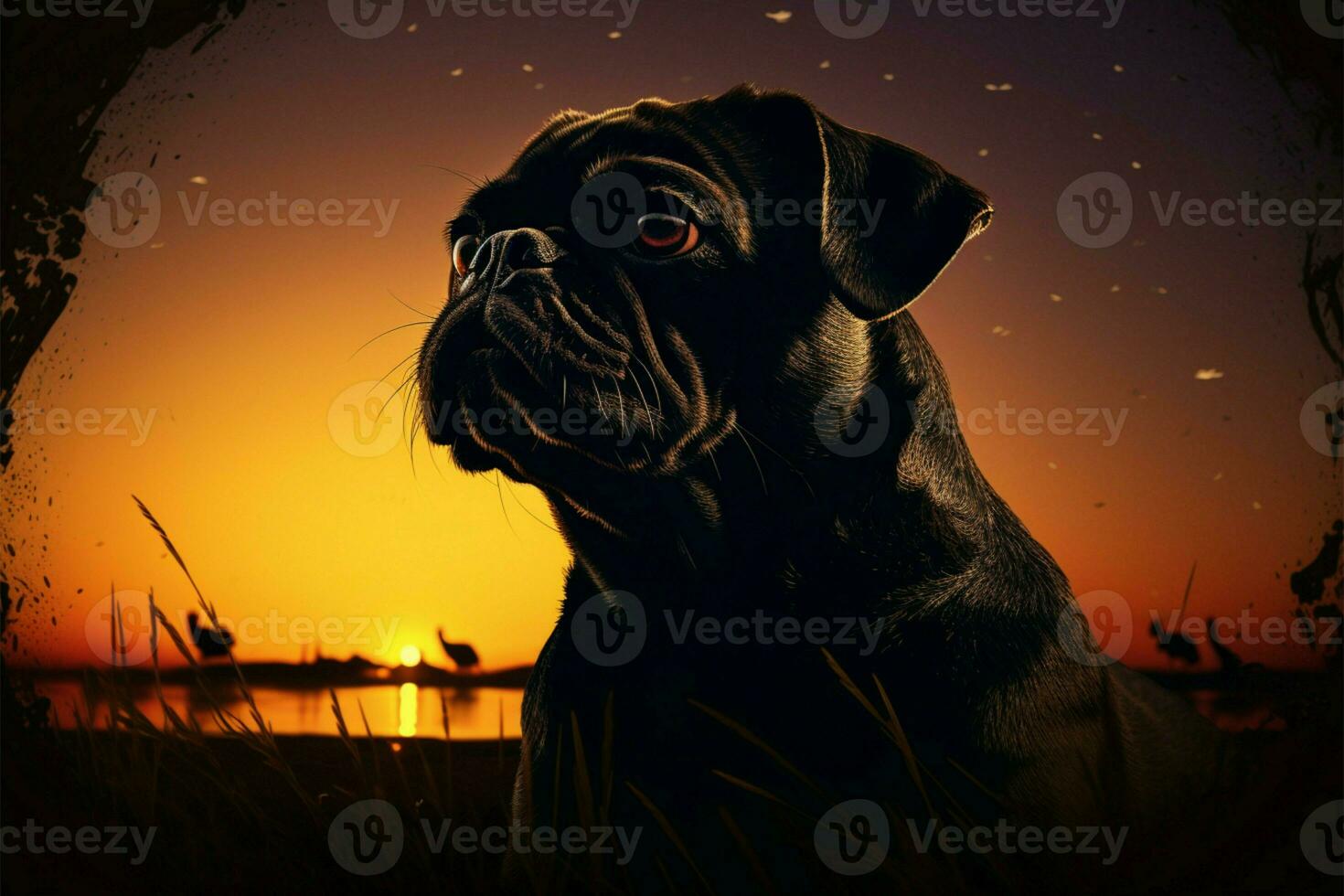 Pug dog silhouette against sunset, a digital illustrations serene beauty AI Generated photo