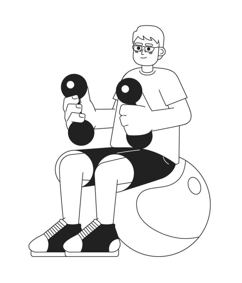 Elderly exercise at home black and white cartoon flat illustration. Senior curling dumbbells linear 2D character isolated. Retiree man lifting weights. Older male gym monochromatic scene vector image