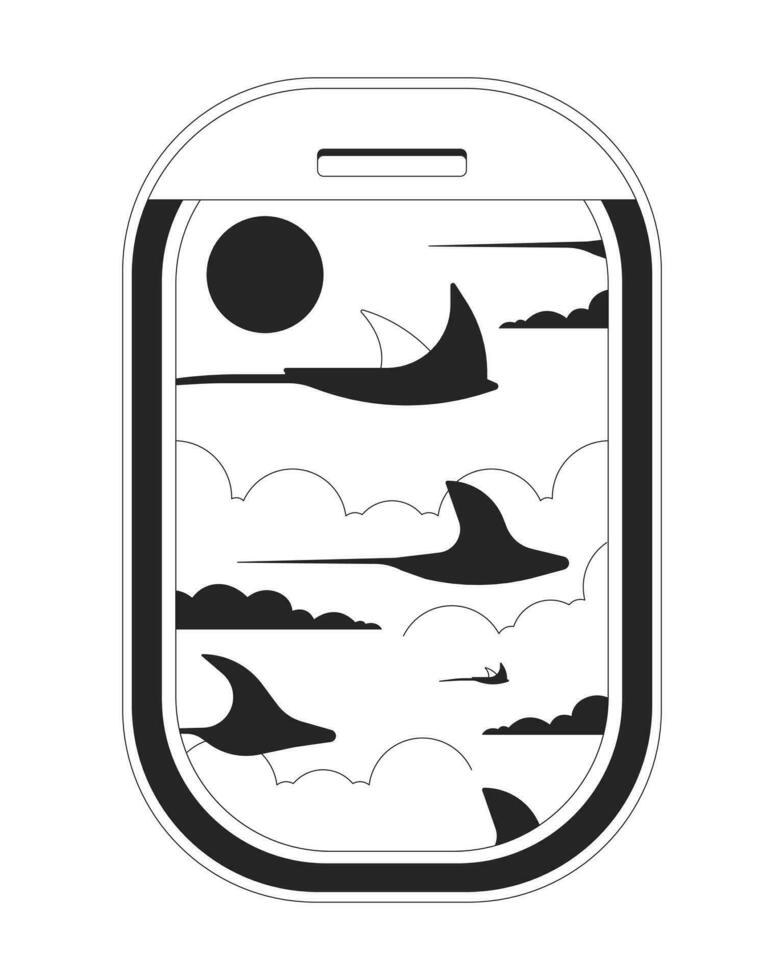 Aircraft window with flying ray fish in sky black and white 2D line cartoon object. Aeroplane window isolated vector outline item. Fenster flugzeug above clouds monochromatic flat spot illustration