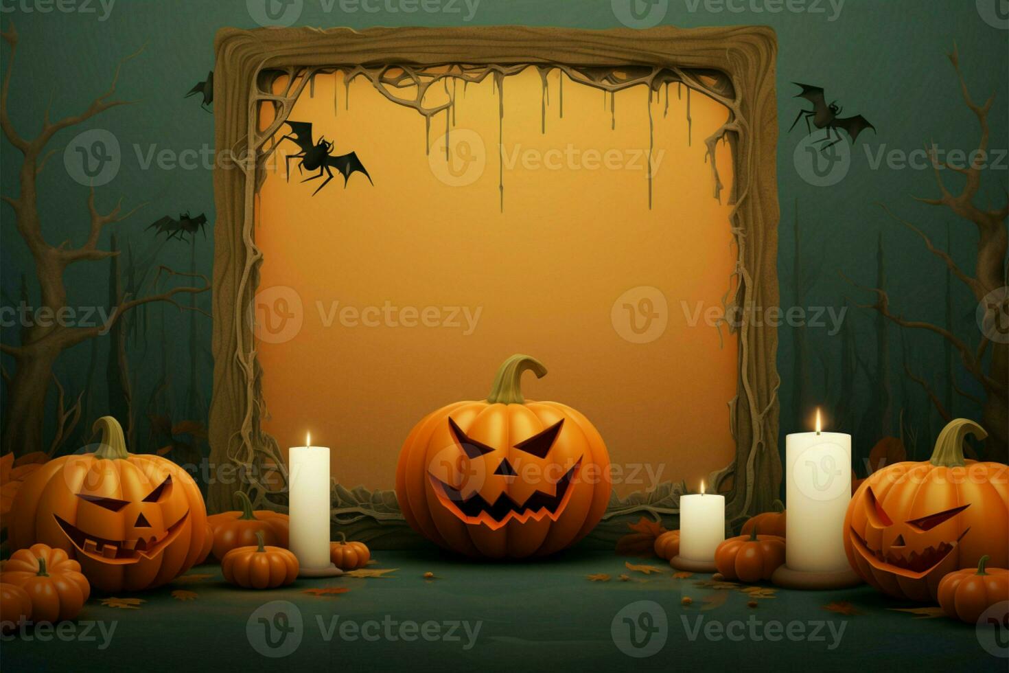 Halloween themed template framed with grainy texture, pumpkins displaying smiles and scares AI Generated photo