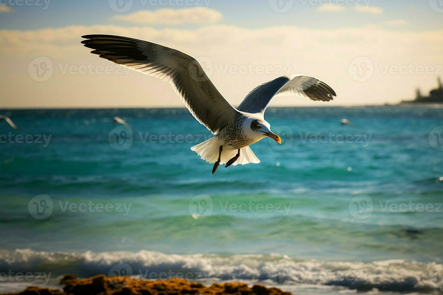 Sunlit seagull soars, ocean below, a radiant coastal spectacle AI Generated photo