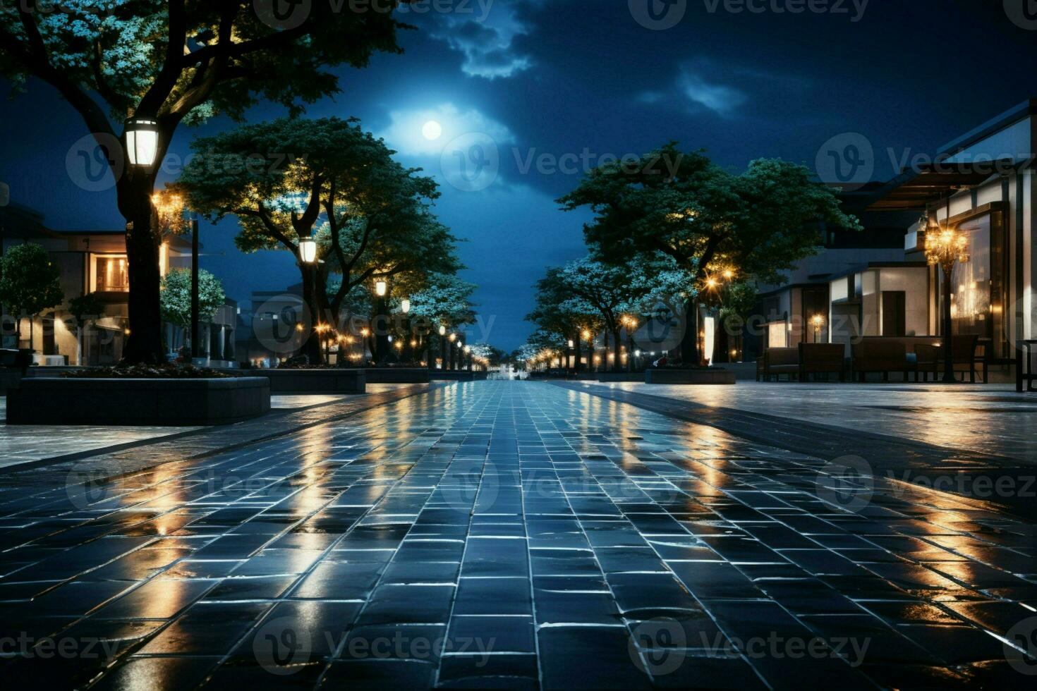 Brick path under moonlight, leading to modern building, a tranquil nocturnal panorama AI Generated photo