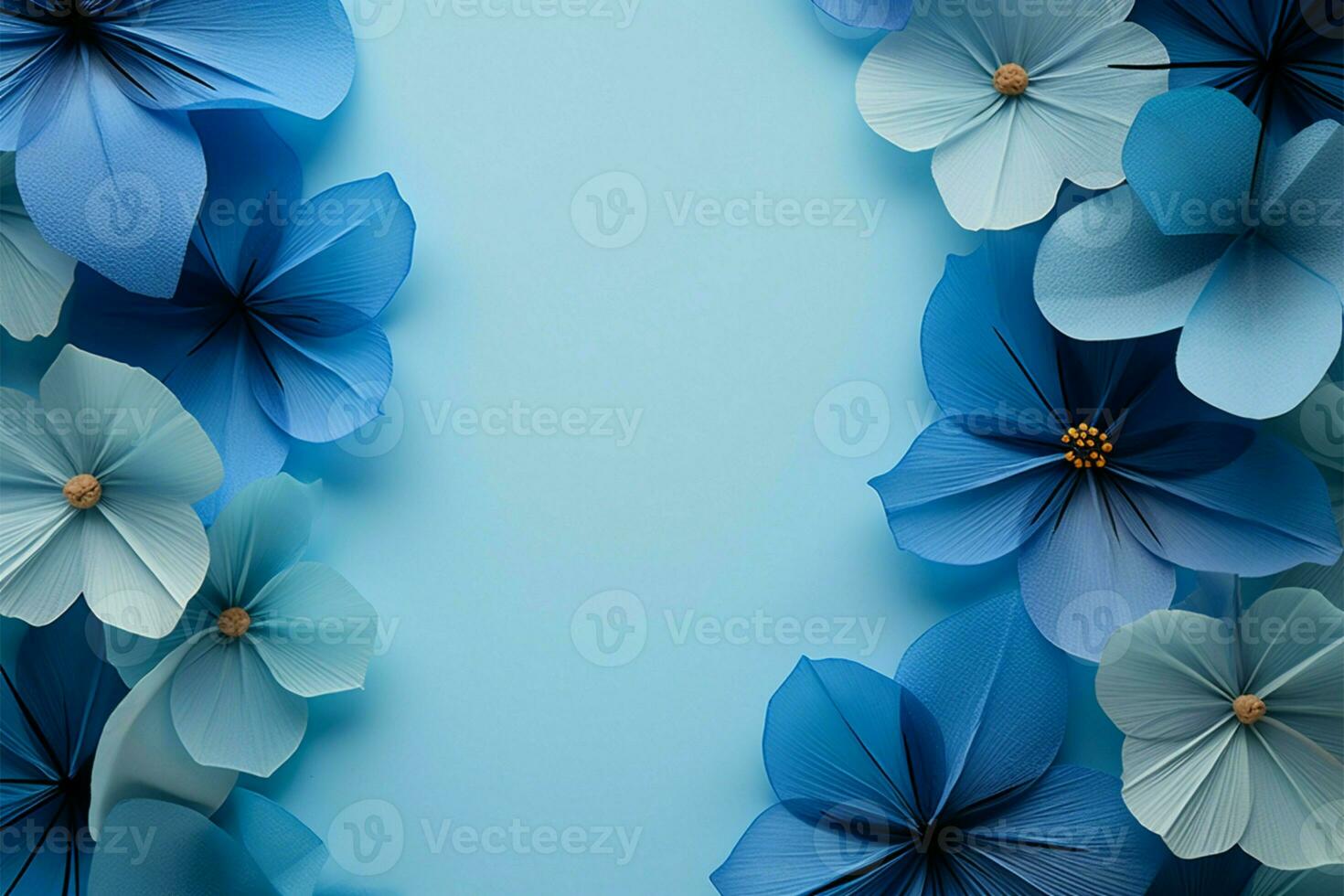 A stunning background showcases a curated collection of beautiful blue flowers AI Generated photo