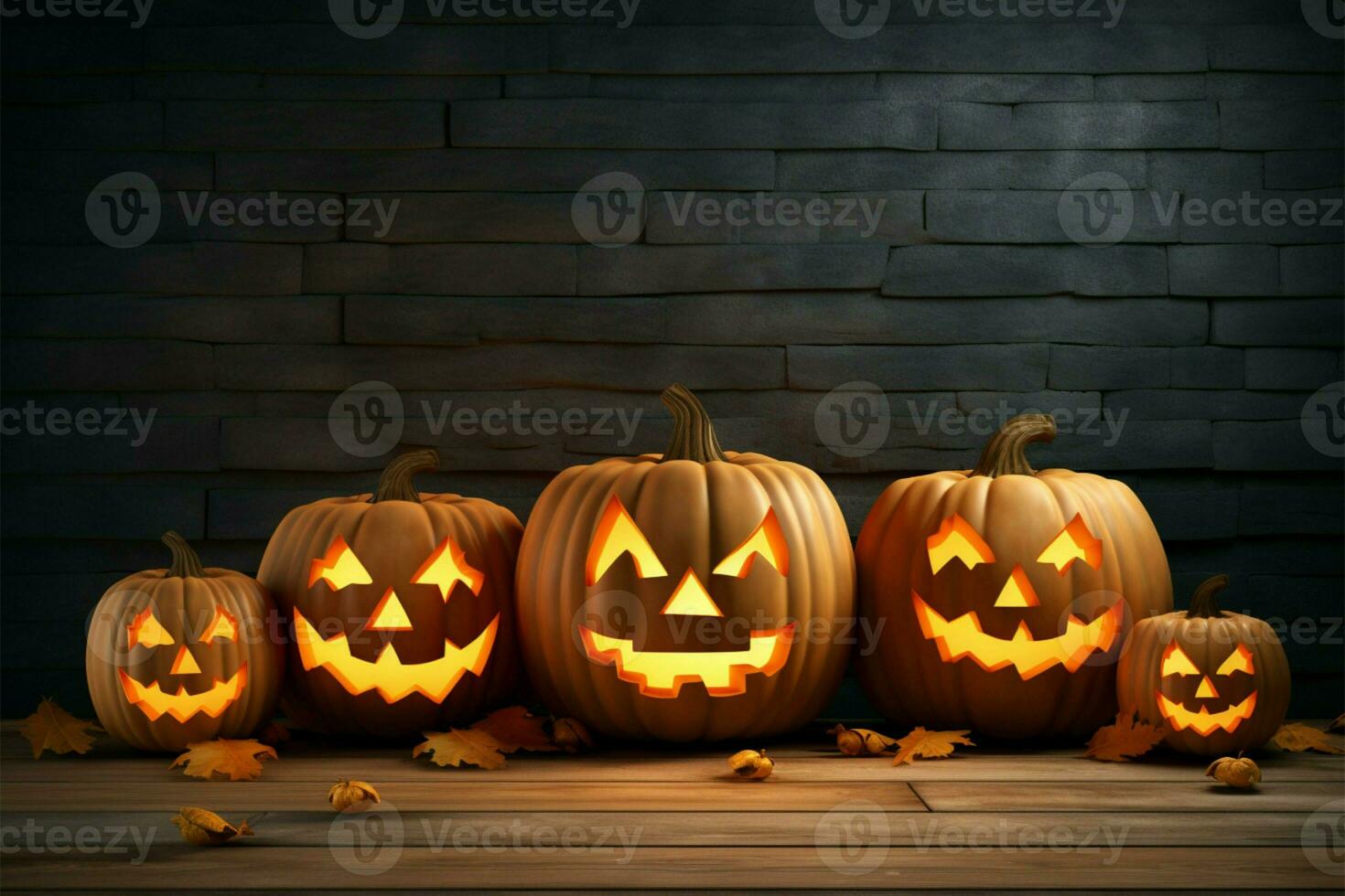 Spooky jack o lantern pumpkins in 3D, set against a wooden background AI Generated photo
