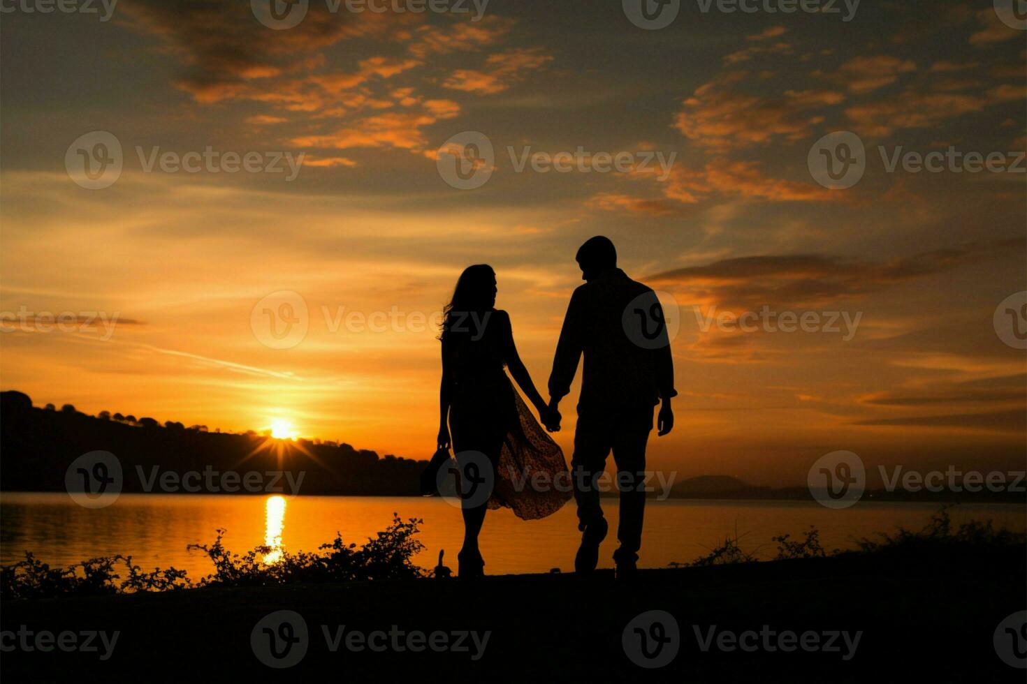 Lovers hold hands, bask in sunset, symbolizing freedom AI Generated photo