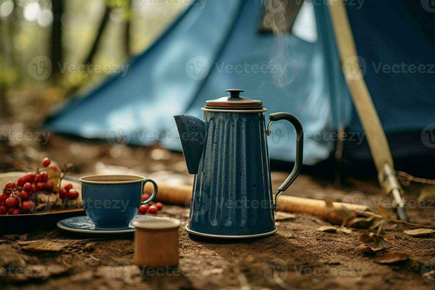 Camping scene with a blue coffee pot and mug on the ground AI Generated photo