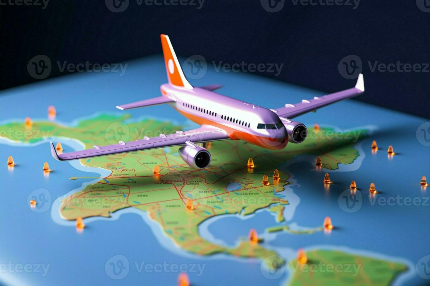Airplane travel GPS navigation, 3D world map icon with pins AI Generated photo