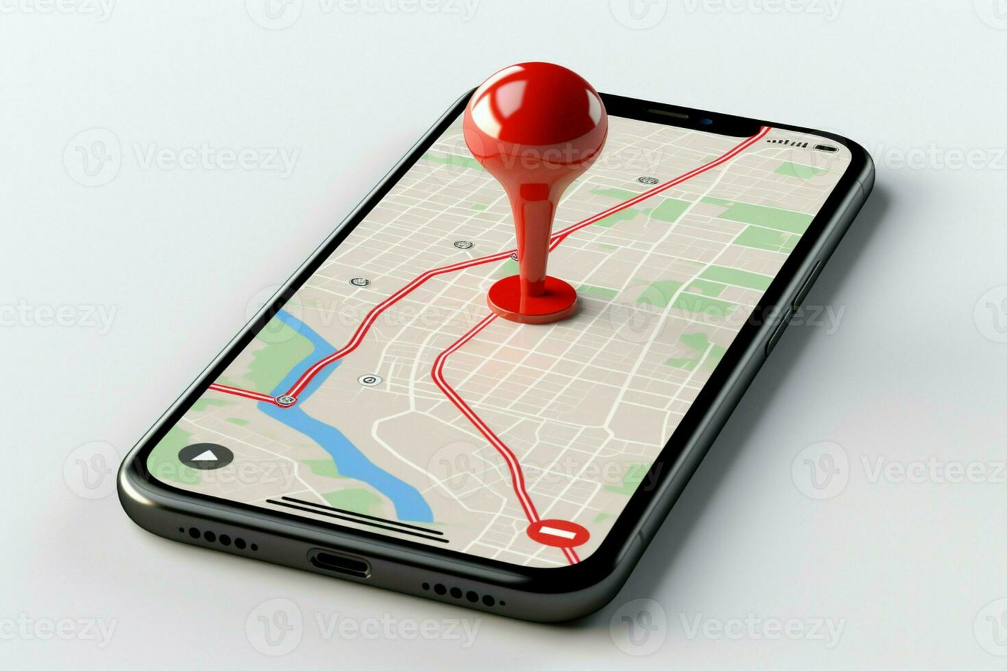 Smartphone screen template with red GPS pin, rendered in 3D AI Generated photo