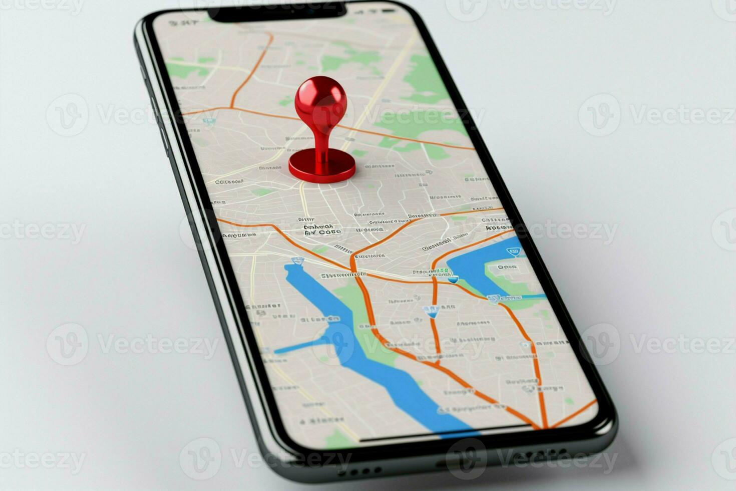 Smartphone display. 3D render with red map pointer icon AI Generated photo