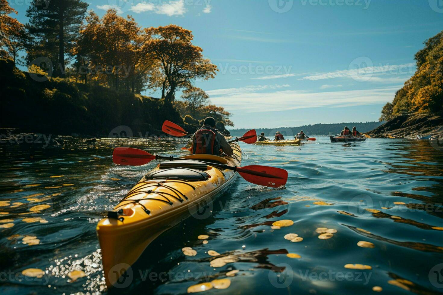 mar ligado kayaks en grupo, visto desde detrás, deslizamiento mediante el aguas ai generado foto