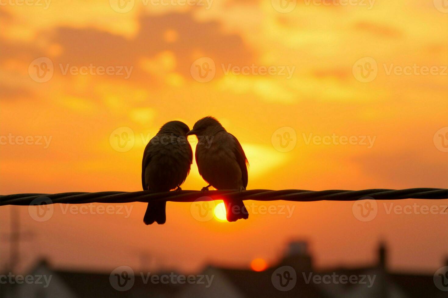 A romantic silhouette, two birds on wires, framed by a sunset AI Generated photo