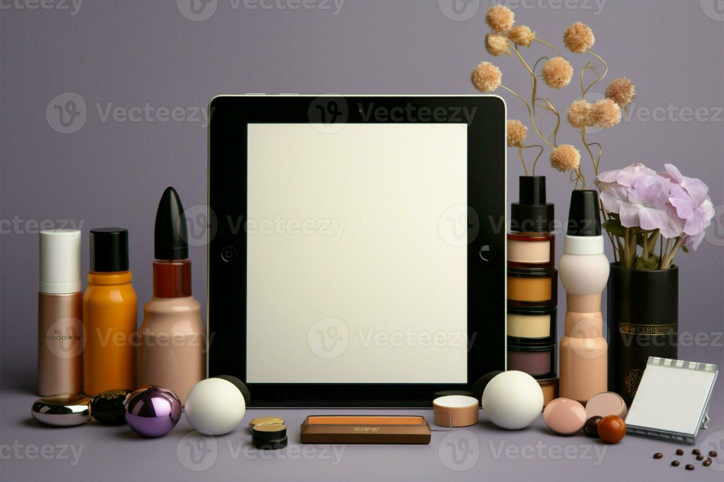 A tablets white screen amidst a ring of cosmetic offerings AI Generated photo
