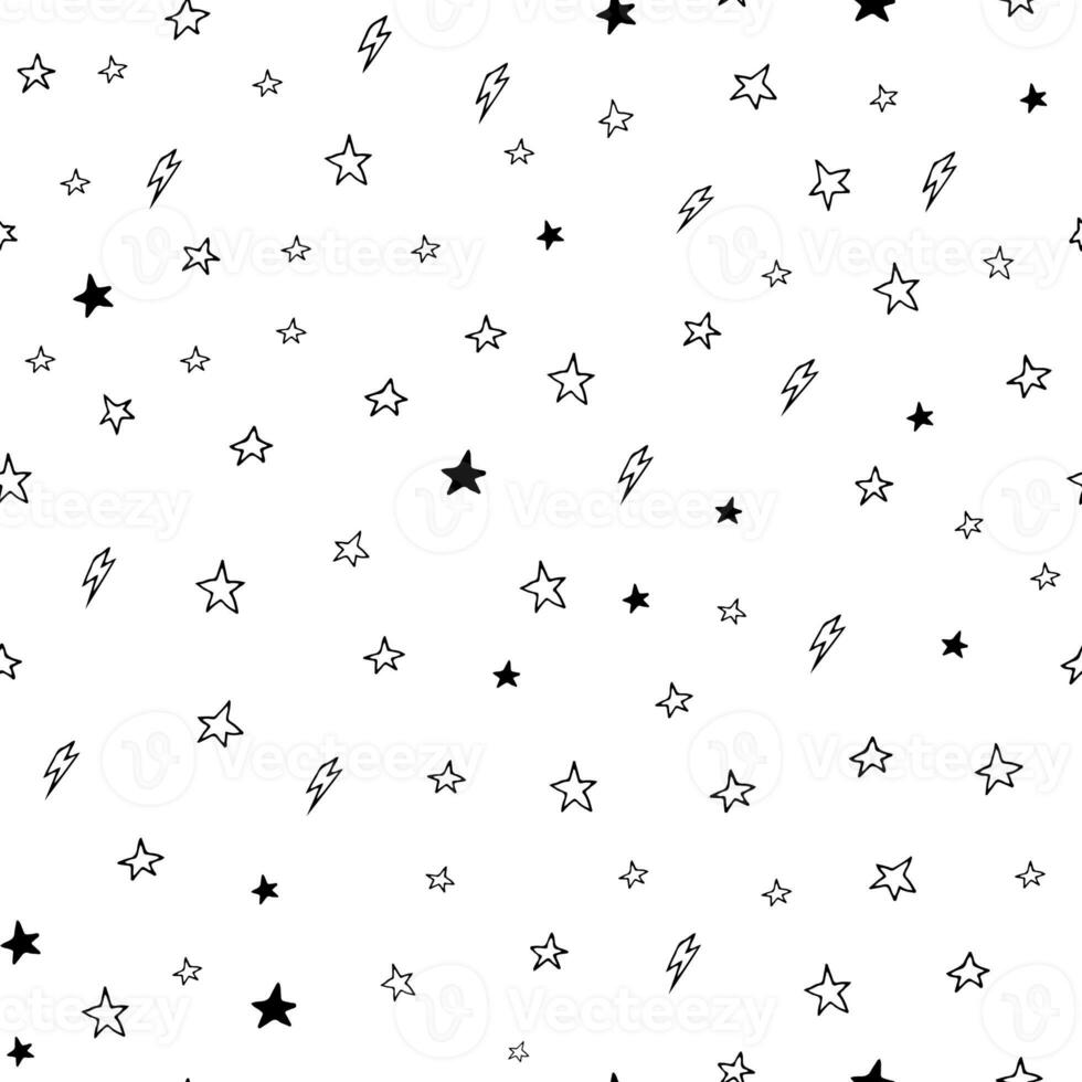Hand drawn seamless doodle pattern of stars and lightnings photo