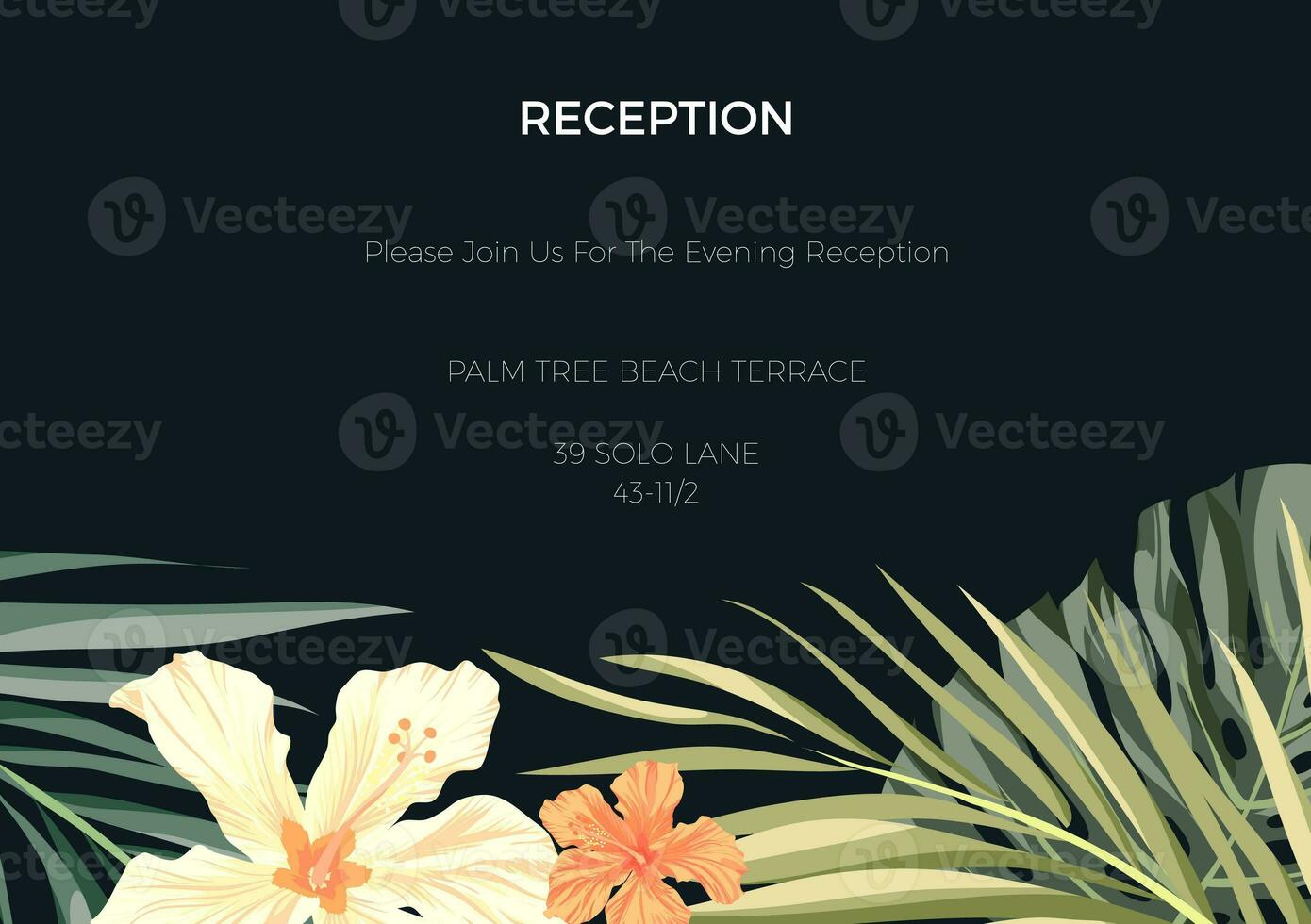 Wedding invitation or card design with exotic tropical flowers and leaves photo