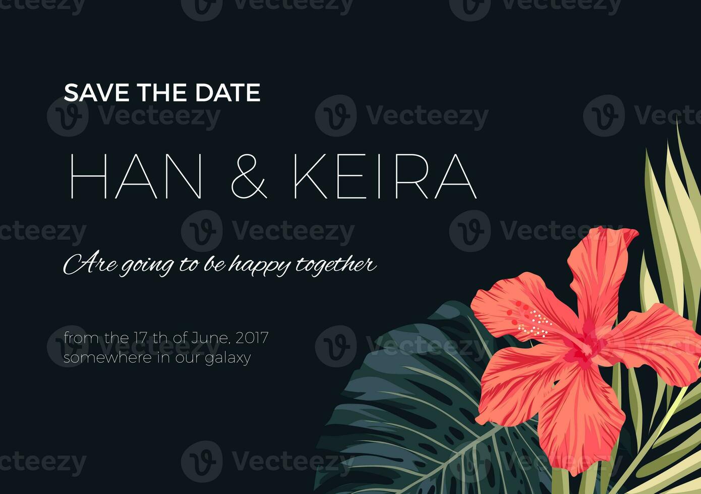 Wedding invitation or card design with exotic tropical flowers and leaves photo