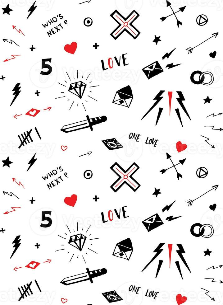 Vector pattern with old school tattoo elements. Black and white. photo