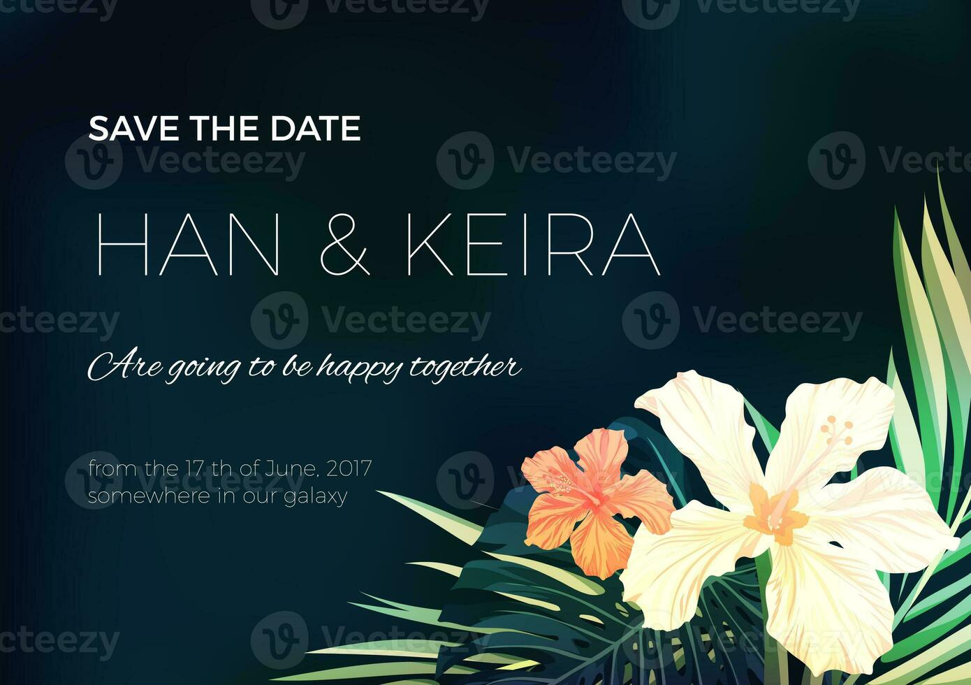 Wedding invitation or card design with exotic tropical flowers and leaves photo