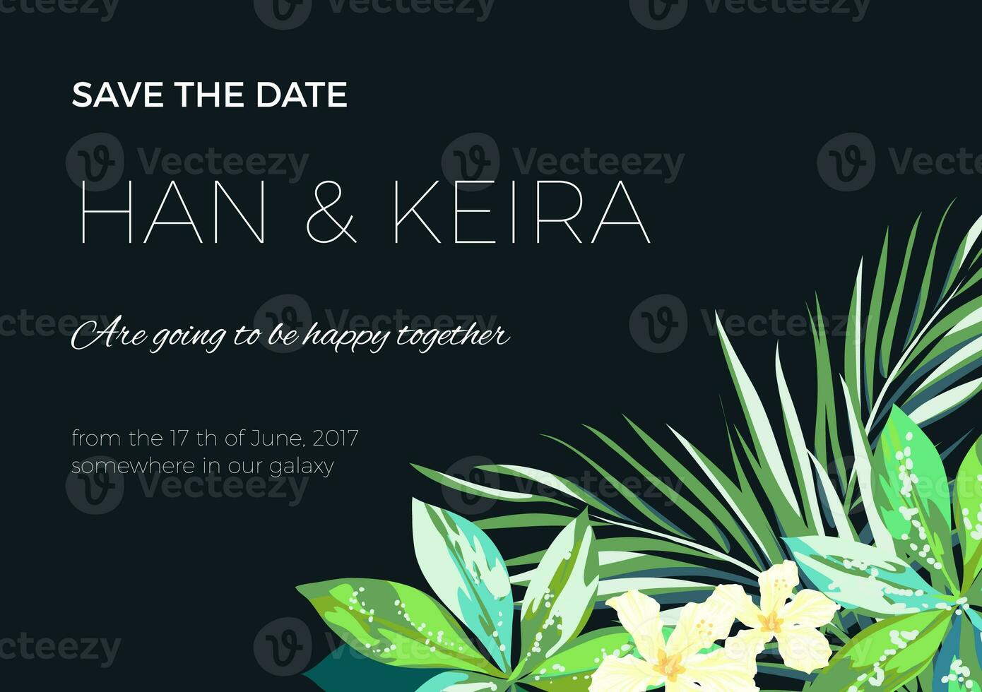 Wedding invitation or card design with exotic tropical flowers and leaves photo
