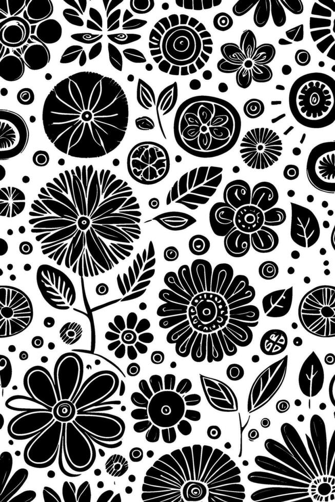 Abstract Black And White Monochromatic Hand-drawn Flowers Texture Pattern Doodle Vector Illustration