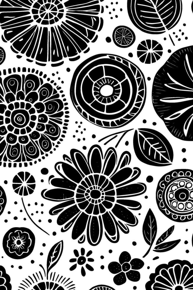 Abstract Black And White Monochromatic Hand-drawn Flowers Texture Pattern Doodle Vector Illustration