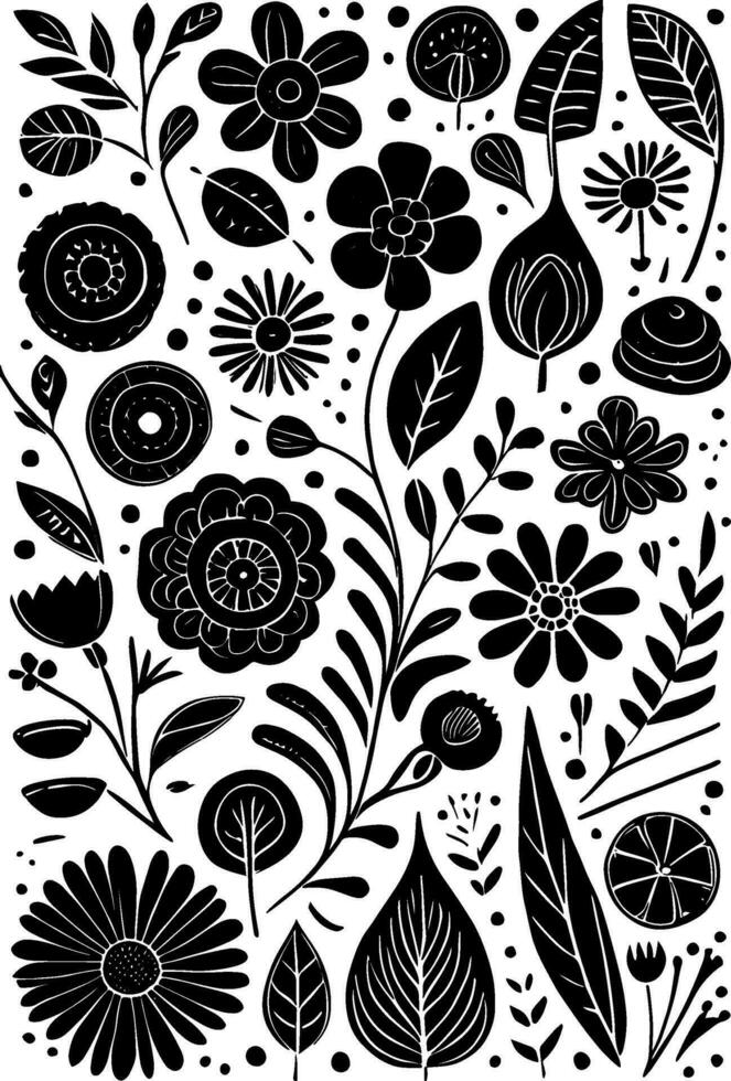 Abstract Black And White Monochromatic Hand-drawn Flowers Texture Pattern Doodle Vector Illustration