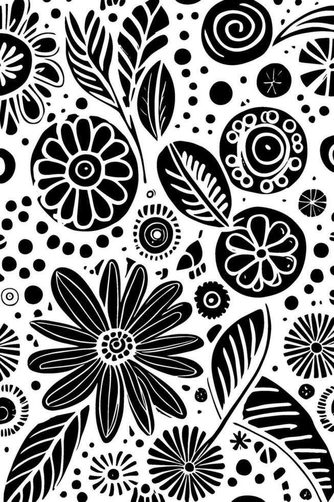 Abstract Black And White Monochromatic Hand-drawn Flowers Texture Pattern Doodle Vector Illustration
