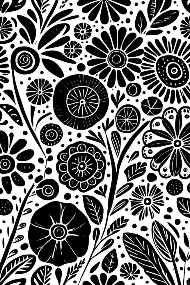 Abstract Black And White Monochromatic Hand-drawn Flowers Texture Pattern Doodle Vector Illustration