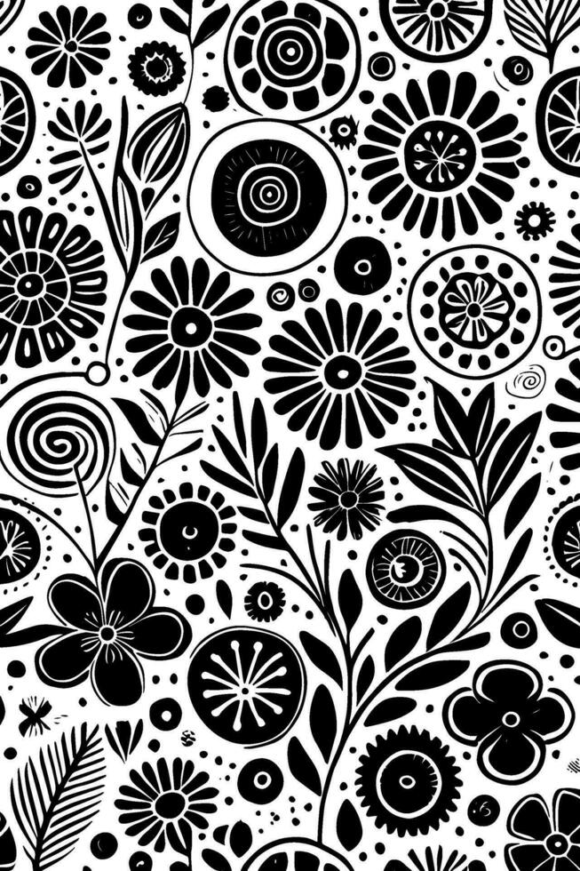 Abstract Black And White Monochromatic Hand-drawn Flowers Texture Pattern Doodle Vector Illustration