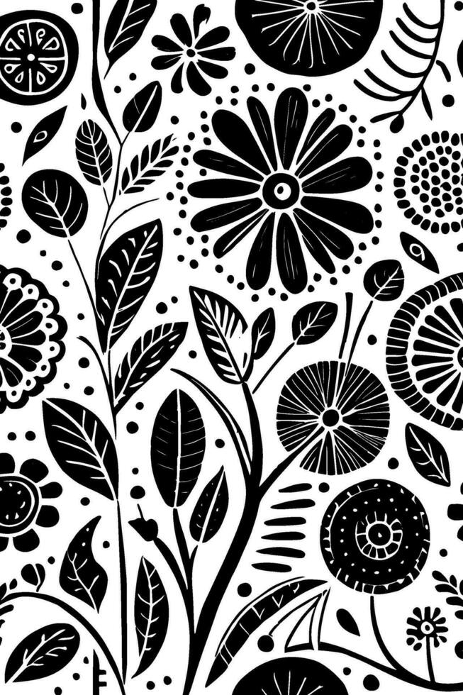 Abstract Black And White Monochromatic Hand-drawn Flowers Texture Pattern Doodle Vector Illustration
