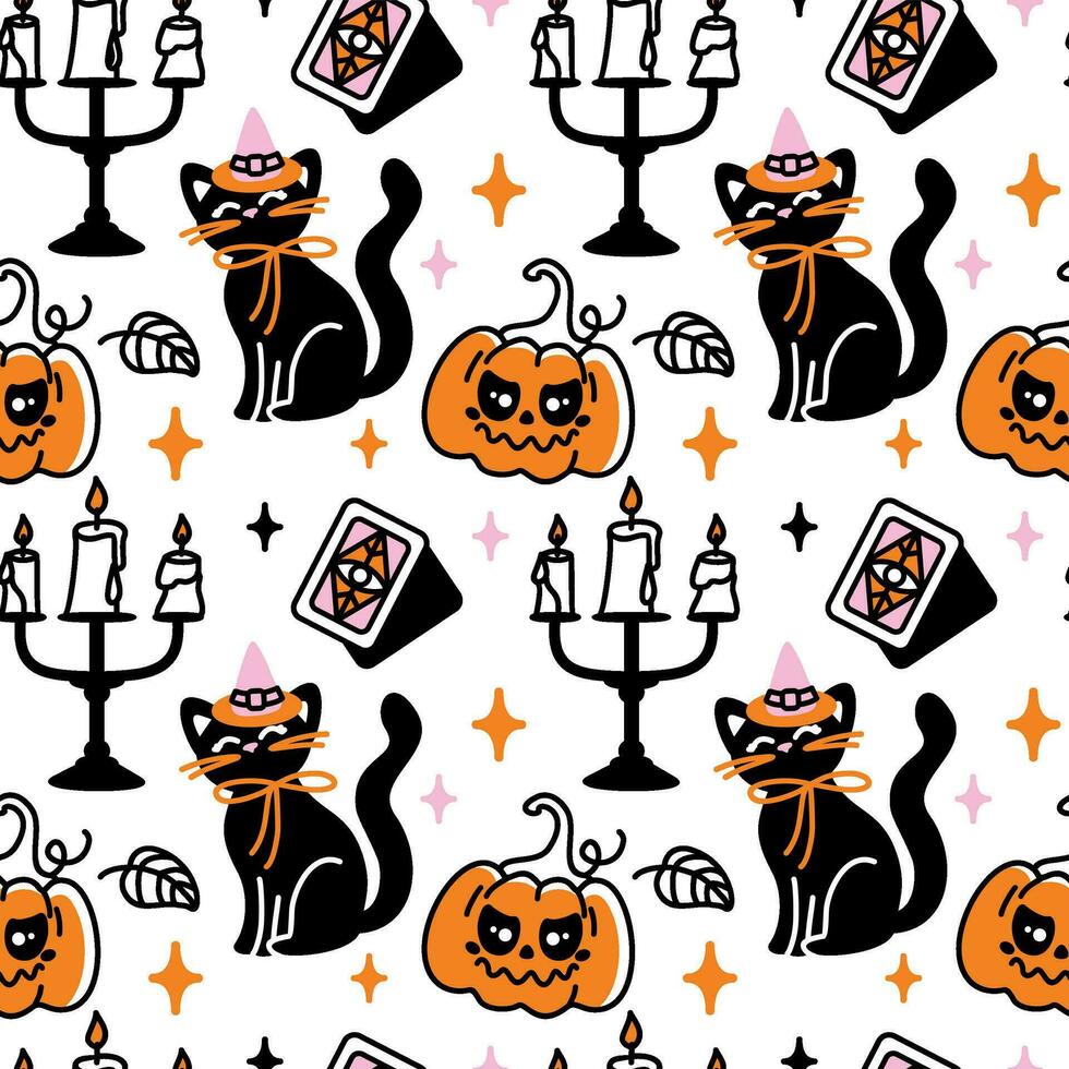 Magic cat in a witch hat. Halloween character. Childish print. Seamless pattern. Vector. vector