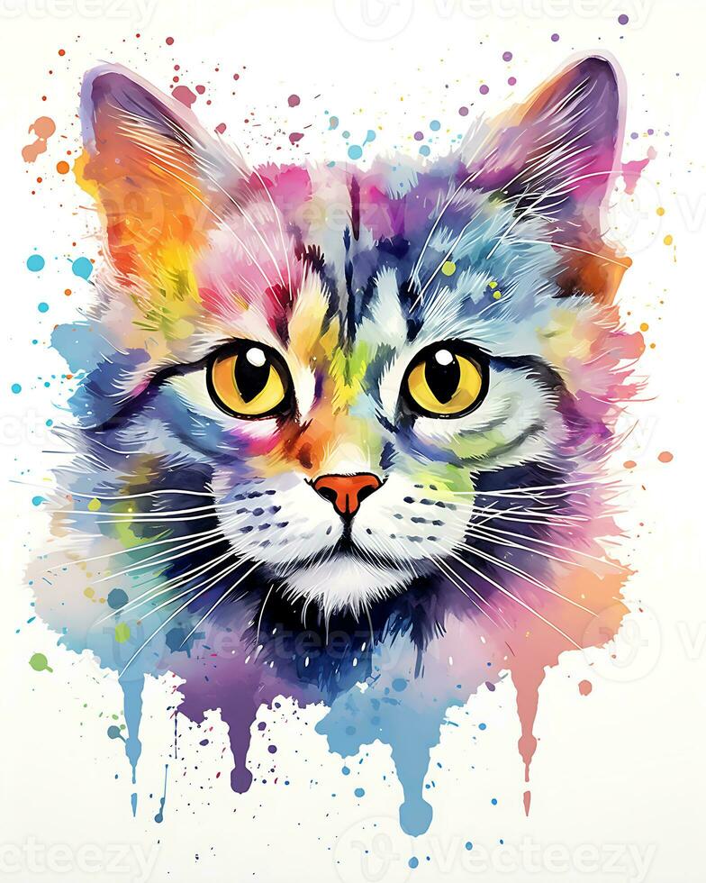 acuarela pintura vistoso gato cara es mostrado blanco antecedentes foto