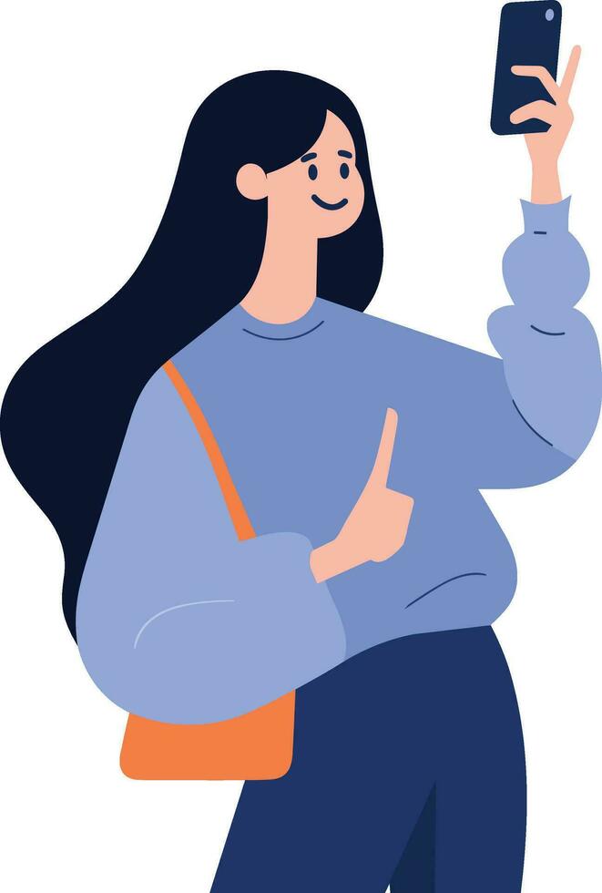 Hand Drawn Female character holding a tablet or smartphone in flat style vector