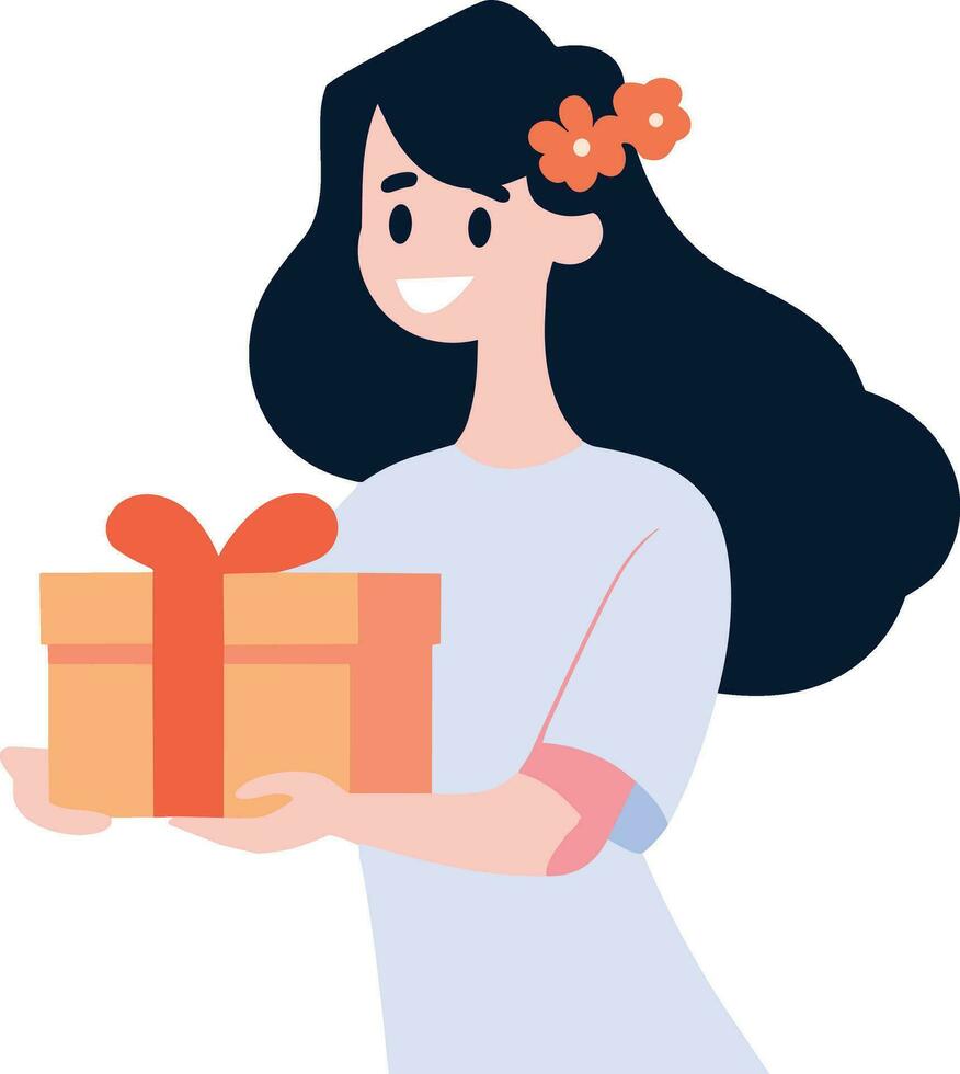 mano dibujado hembra personaje con regalo caja en plano estilo vector