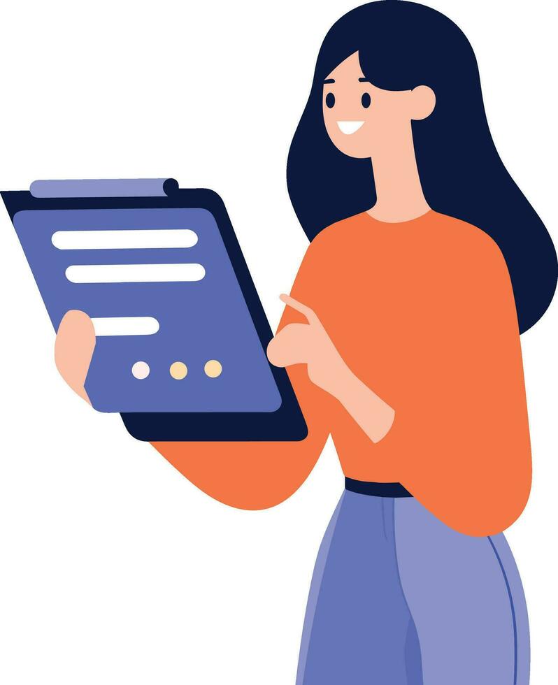 Hand Drawn Female character holding a tablet or smartphone in flat style vector