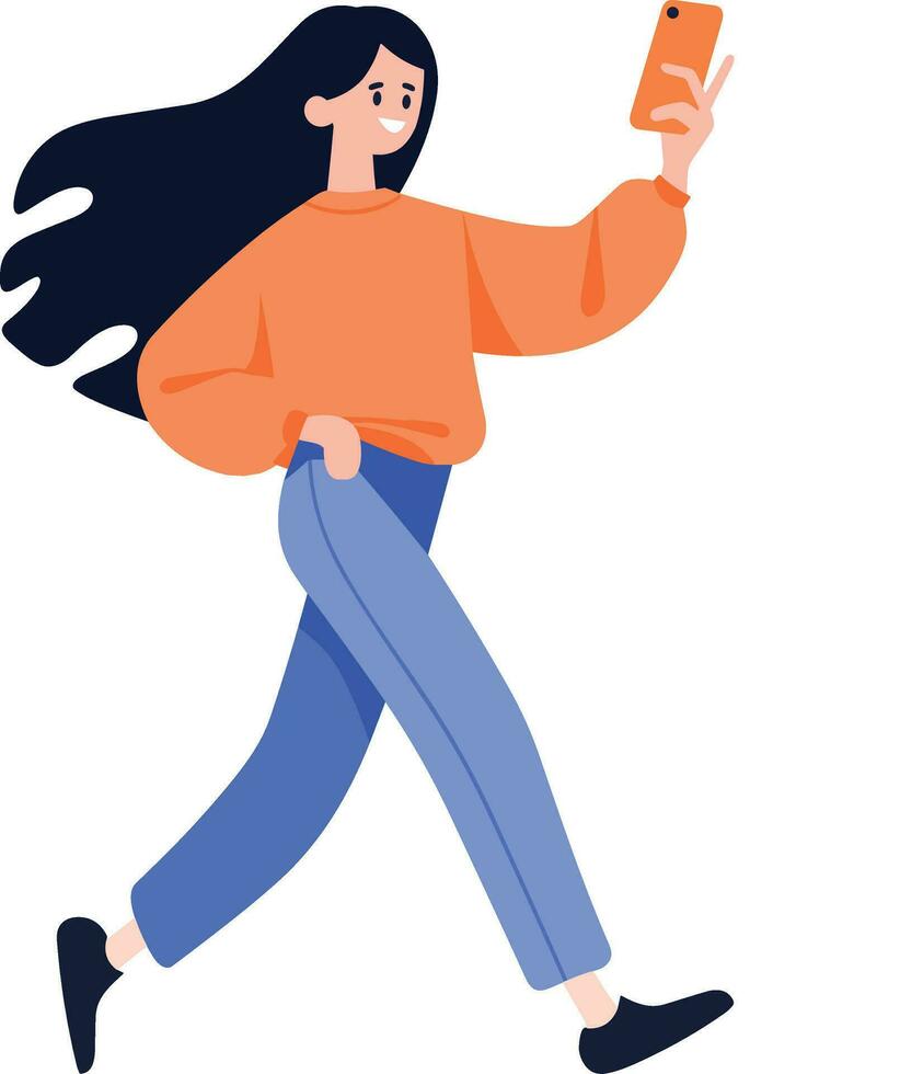 Hand Drawn Female character holding a tablet or smartphone in flat style vector