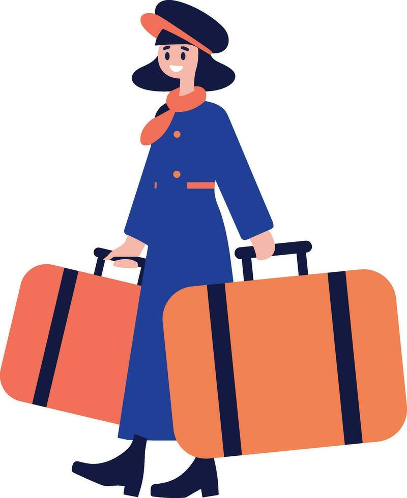 Hand Drawn Flight attendant with suitcase in flat style vector