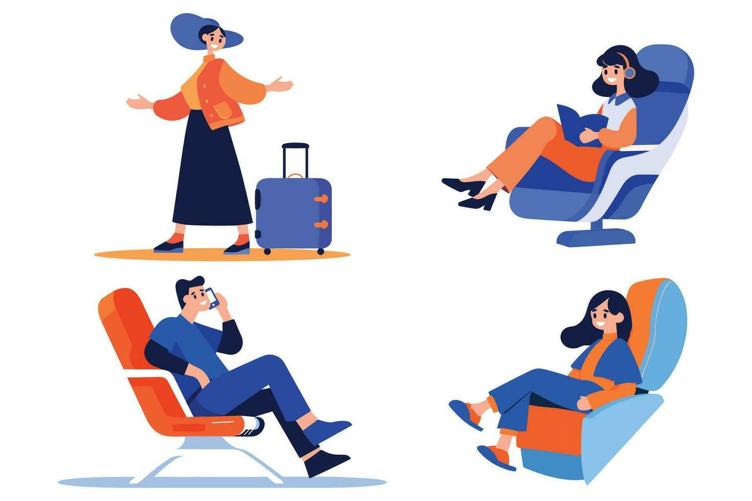Hand Drawn Tourist with chair on airplane in flat style vector