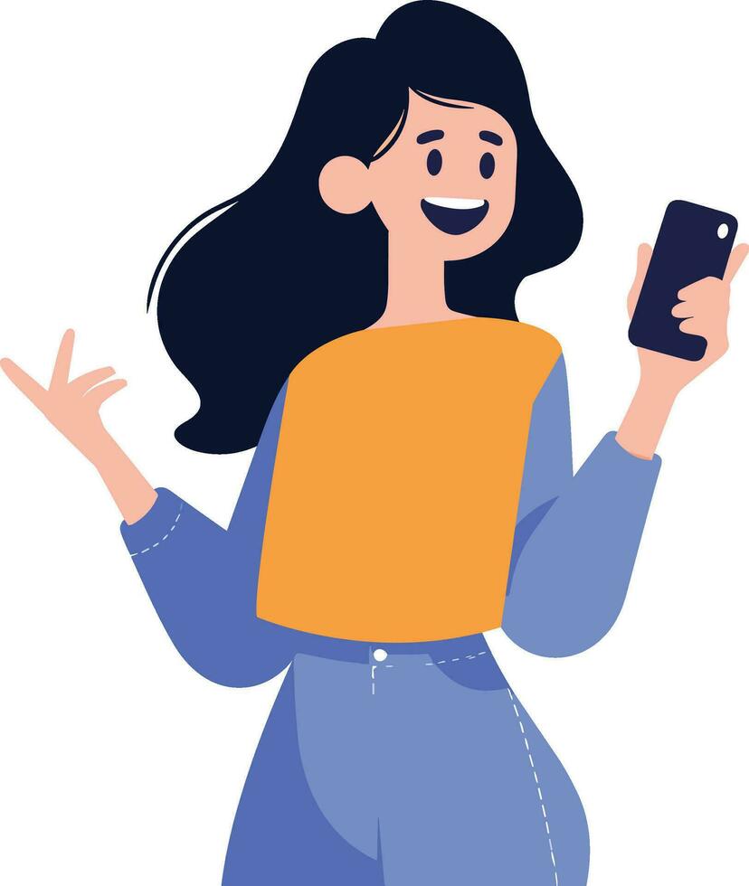 Hand Drawn Female character holding a tablet or smartphone in flat style vector