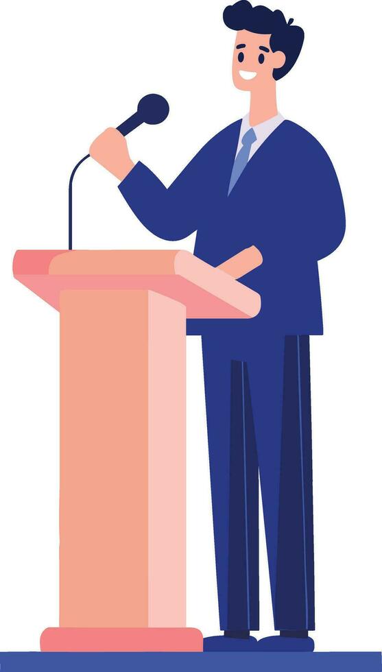 Hand Drawn Businessman speaking on the podium in flat style vector