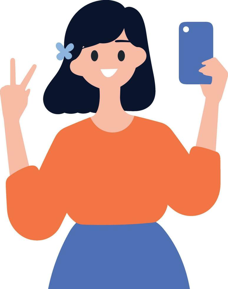 Hand Drawn Female character holding a tablet or smartphone in flat style vector